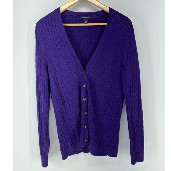Lands' End Sweaters - Lands End Cardigan Women L Purple Cable Knit V-Neck Button Front Sweater Classic